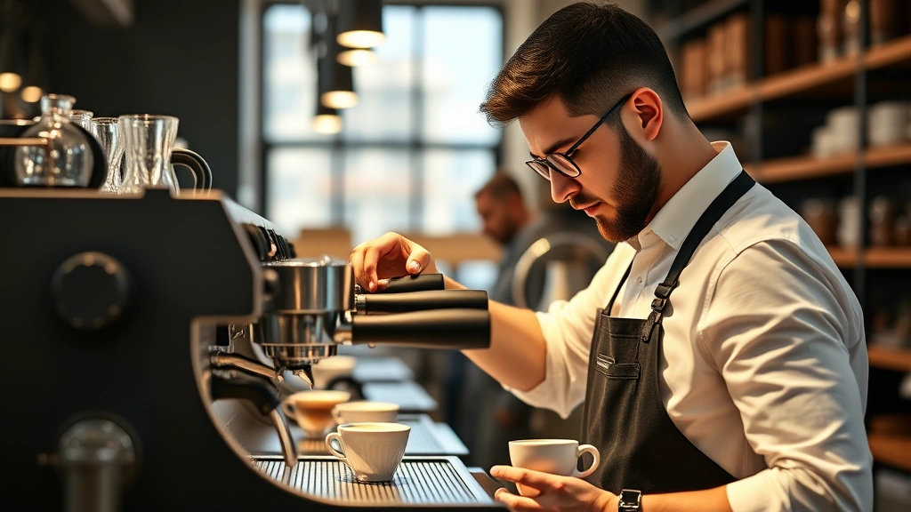 Professional barista carefully preparing specialty coffee at espresso machine in modern coffee roastery, focused expression, warm lighting highlighting craftsmanship and attention to detail