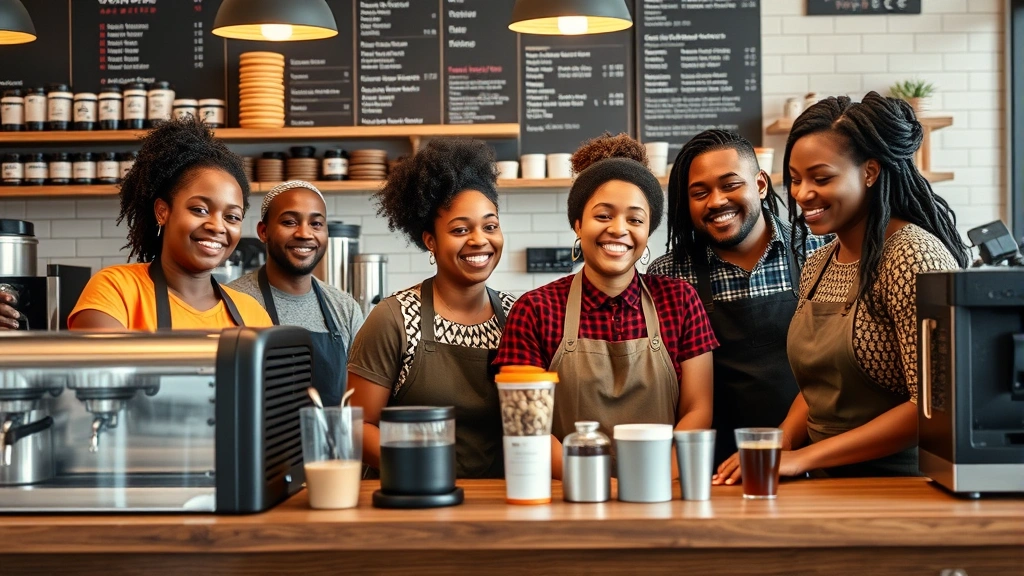 Diverse team of coffee shop employees collaborating behind counter, smiling and engaged, representing workplace diversity and inclusive hiring practices in action