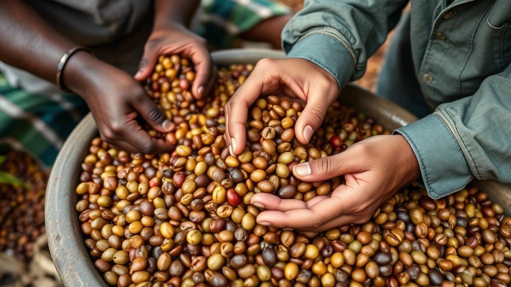 Coffee beans being sorted and inspected at origin, showing farmer hands selecting quality beans, demonstrating direct fair trade relationships and ethical sourcing commitment