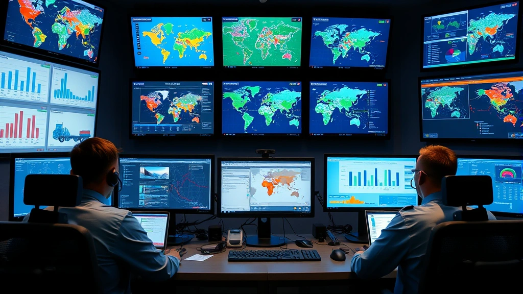 Logistics control room with multiple computer monitors displaying real-time tracking, supply chain dashboards, and transportation route maps, professional operators monitoring operations, high-tech environment