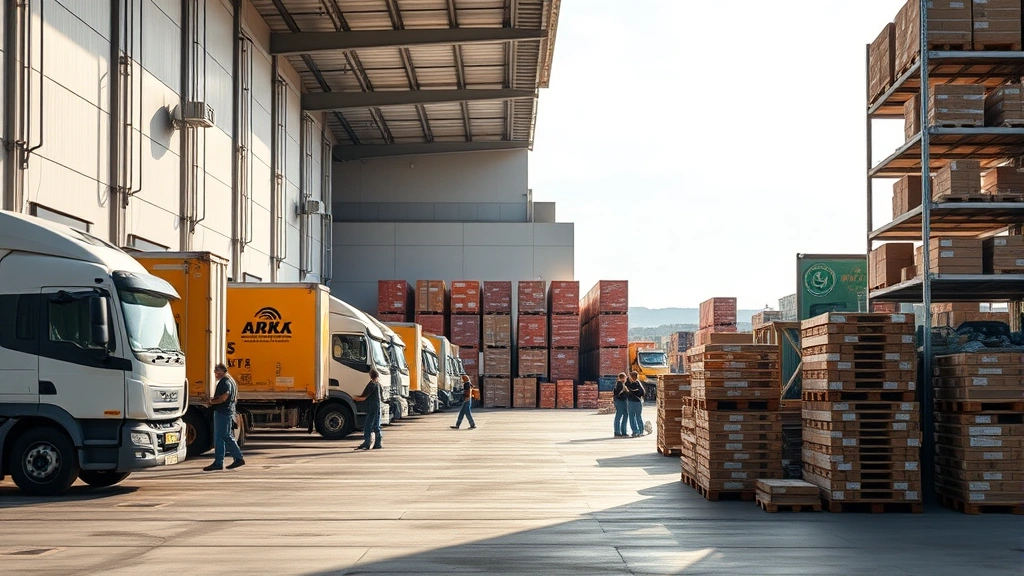 Distribution center loading dock with delivery trucks lined up, workers coordinating shipments, organized inventory stacks, efficient logistics operation in progress, daytime professional setting