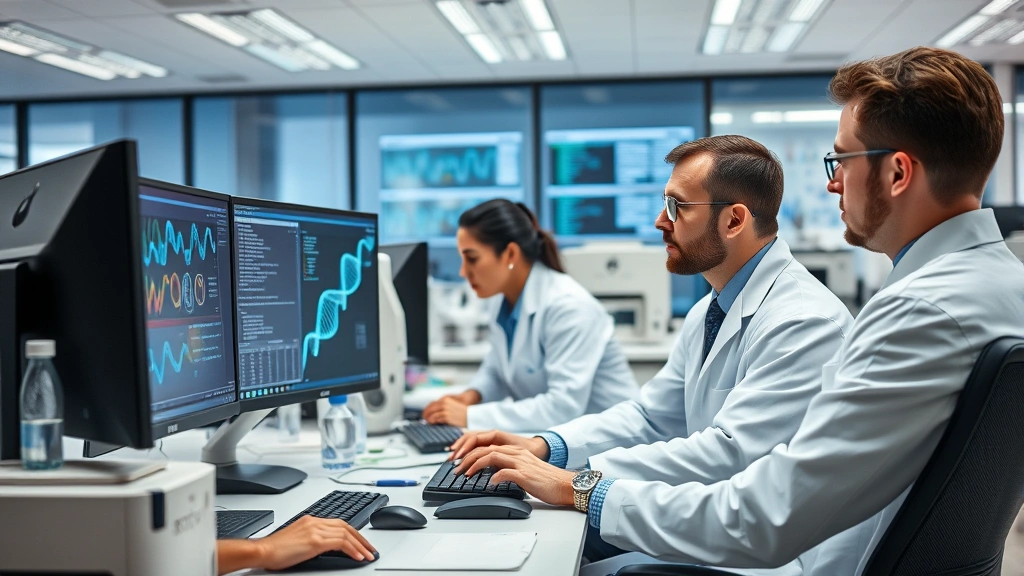 Corporate office environment with scientists and researchers collaborating at modern workstations, analyzing genetic data on multiple computer screens, professional biotechnology laboratory setting with advanced equipment