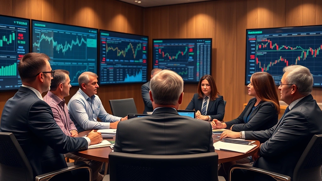 Diverse group of business professionals in conference room discussing pharmaceutical development strategy, investors analyzing market data and charts, corporate boardroom with financial displays and analytical tools
