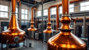 Professional craft distillery with copper pot stills in industrial setting, warm ambient lighting highlighting equipment detail and scale, no text visible