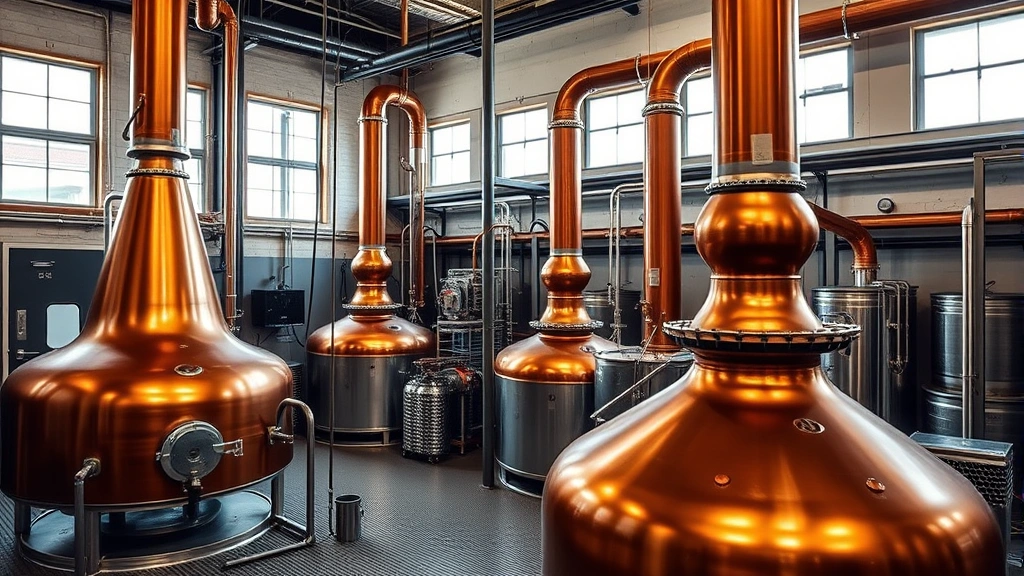 Professional craft distillery with copper pot stills in industrial setting, warm ambient lighting highlighting equipment detail and scale, no text visible