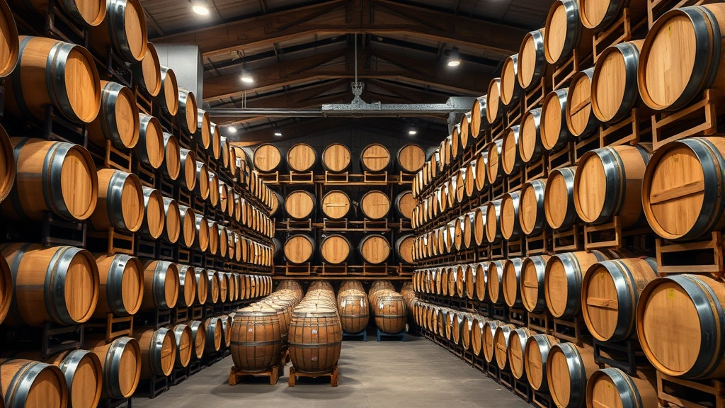 Modern climate-controlled aging warehouse with wooden barrels stacked on wooden racks, showing inventory scale and storage infrastructure, professional photography