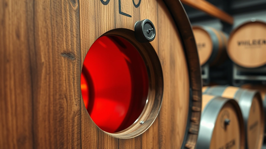 Close-up of wooden barrel aging spirits with warm amber liquid visible through bunghole, rustic warehouse background slightly blurred, authentic craft atmosphere