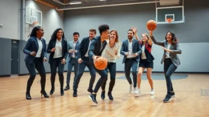 Professional diverse employees in business casual attire playing basketball together on indoor court, energetic team bonding moment, modern corporate gym setting with polished wooden floor and bright lighting