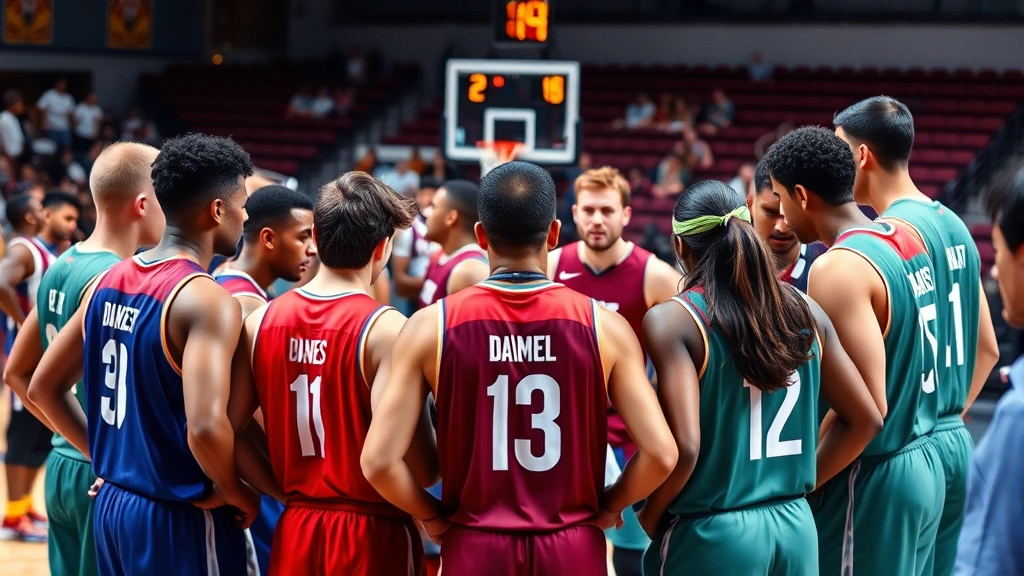 Diverse corporate team in matching colored jerseys gathered around coach during basketball game timeout, serious competitive engagement, professional league-style game environment with scoreboard visible