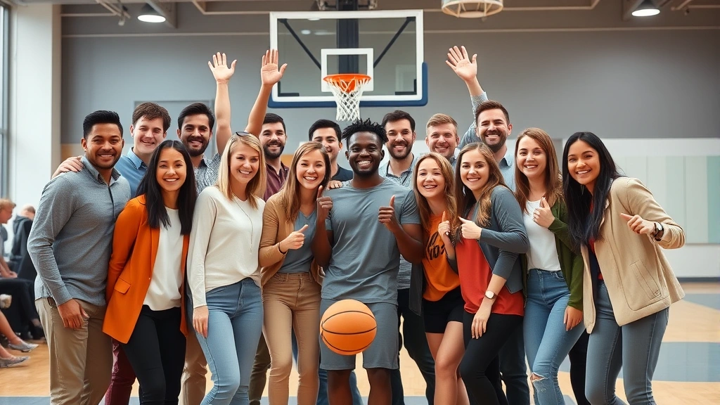 Diverse group of employees celebrating after basketball game, genuine joy and camaraderie, casual victory pose, modern facility background, cross-departmental team composition evident
