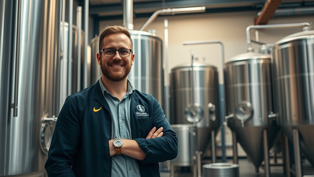 Professional brewery owner standing confidently in modern craft brewery facility with stainless steel fermentation tanks and brewing equipment in background, warm industrial lighting, authentic business environment