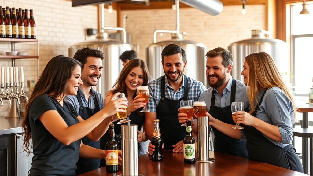 Diverse team of brewery staff collaborating in tap room, smiling while preparing beverages, modern casual business attire, warm welcoming atmosphere with craft beer bottles and glasses visible
