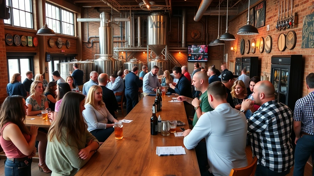 Vibrant brewery tap room community gathering with customers enjoying craft beer, socializing at wooden tables, live music or event happening, energetic professional hospitality environment