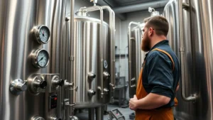 Master brewer carefully monitoring fermentation tanks in modern craft brewery facility, checking temperature gauges and equipment, professional brewery environment with stainless steel tanks