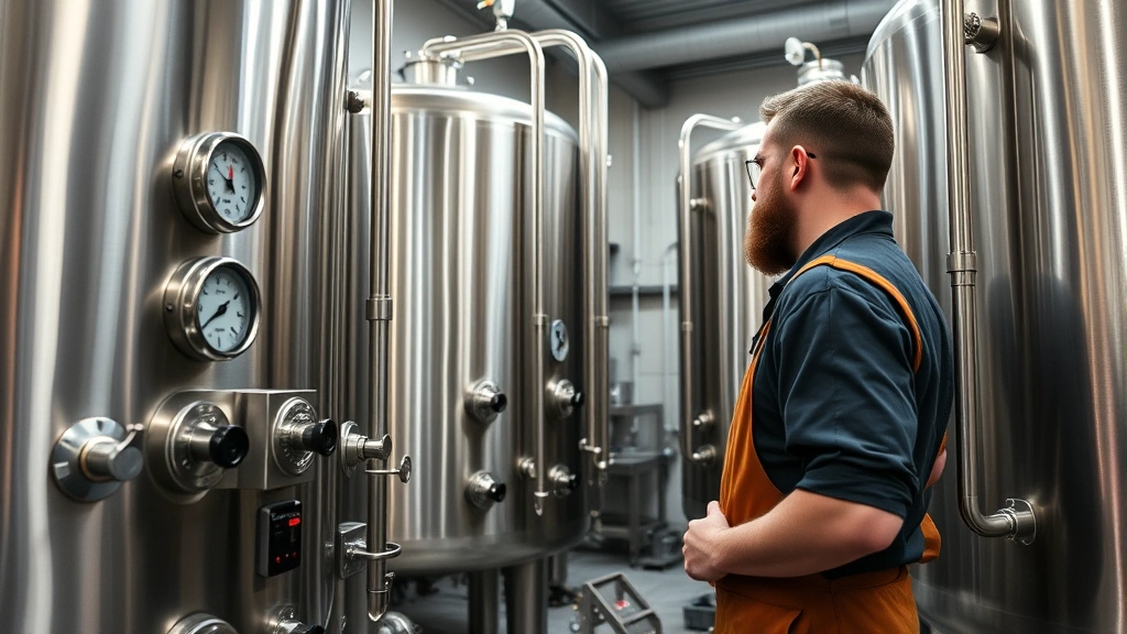 Master brewer carefully monitoring fermentation tanks in modern craft brewery facility, checking temperature gauges and equipment, professional brewery environment with stainless steel tanks