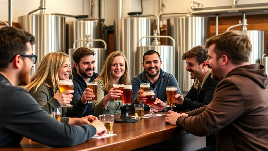 Diverse group of craft beer enthusiasts enjoying beer tasting flight samples at brewery taproom counter, smiling and conversing, warm hospitality atmosphere with brewery backdrop