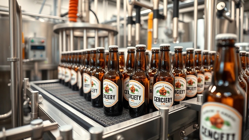 Craft brewery production line showing bottling equipment and quality control process, bottles moving through filling and labeling machinery, industrial brewery operations facility
