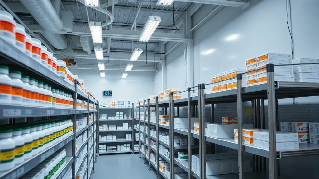 Climate-controlled pharmaceutical warehouse with organized shelving storing medication bottles and blister packs under professional industrial lighting, temperature monitoring displays visible on walls, stainless steel storage racks