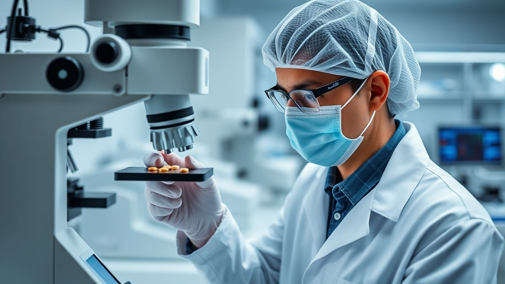 Pharmaceutical quality control technician in lab coat examining medication tablets under magnification equipment, sterile laboratory environment with precision instruments and digital testing devices, professional pharmaceutical setting