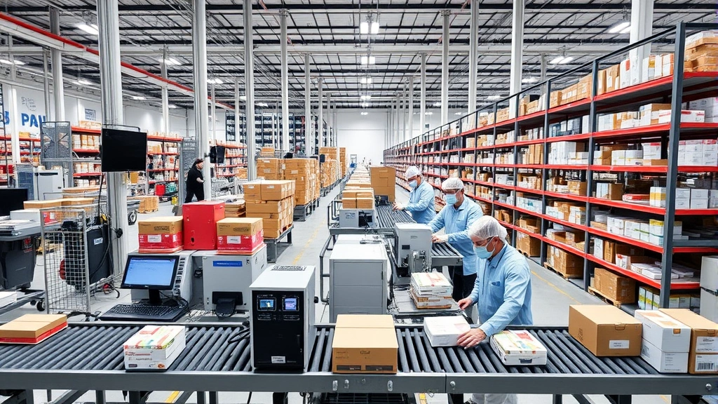 Modern pharmaceutical distribution center with conveyor systems, barcode scanning stations, and organized inventory management, workers in protective gear processing medication shipments, professional logistics infrastructure