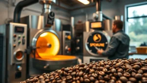 Professional specialty coffee roaster in modern facility, roasting equipment visible, warm lighting, focused technician monitoring roast profile at control panel, premium beans in foreground