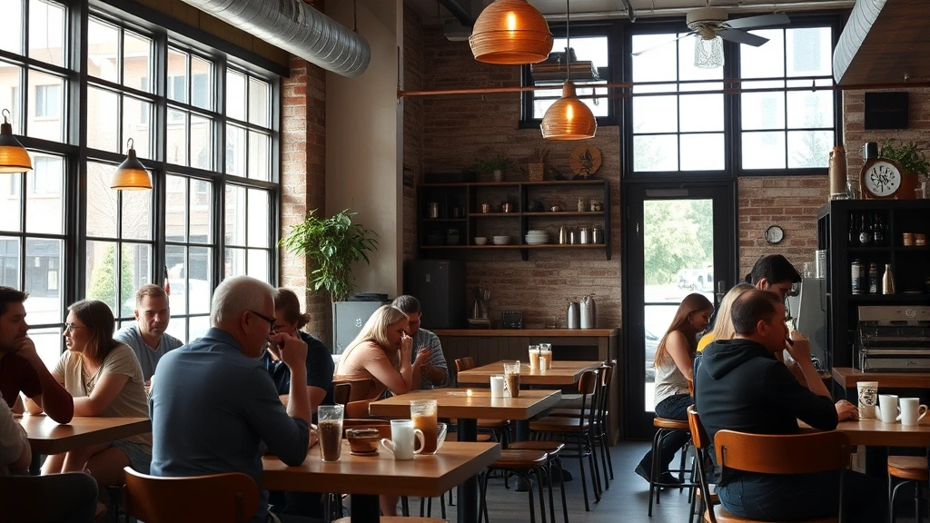 Cozy coffee shop interior with customers enjoying beverages, natural light from windows, rustic-modern design, people conversing at tables, welcoming community gathering space atmosphere