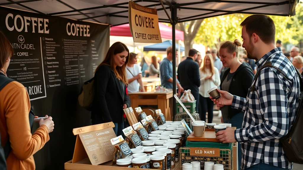 Local farmers market or community event booth displaying coffee products, branded signage, customers browsing, coffee cup samples being served, authentic community engagement setting with warm afternoon light