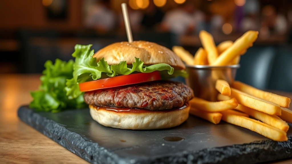 Professional burger plated on dark slate with artisanal bun, perfectly seared beef patty, fresh lettuce and tomato, golden crispy fries beside, warm restaurant lighting, fine dining presentation, close-up food photography