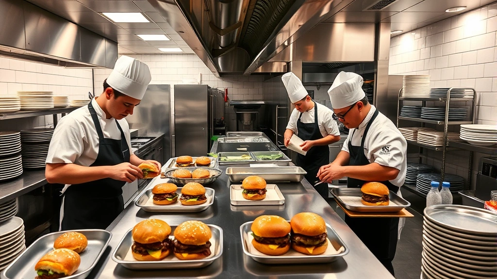 Modern restaurant kitchen with professional chefs preparing burgers, stainless steel equipment, organized prep stations, focused culinary team, professional kitchen environment, clean organized workspace, culinary excellence in action