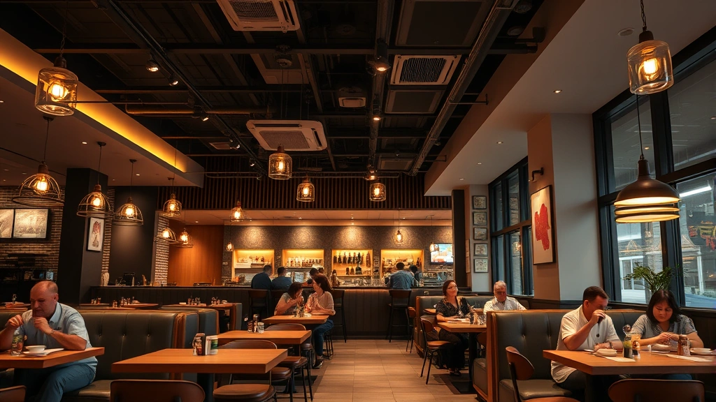 Upscale casual dining restaurant interior with warm ambient lighting, comfortable seating, modern burger restaurant design, elegant simplicity, customers dining and enjoying meals, welcoming premium casual atmosphere