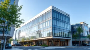Professional commercial building exterior with modern architecture, daytime lighting, clear sky, business district setting, no visible text or signage, photorealistic