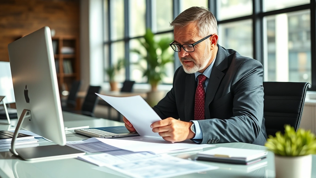 Business executive reviewing documents at desk with computer, office environment, natural lighting from windows, focused professional atmosphere, no visible document text