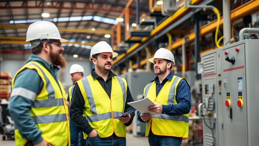 Team of workers in safety gear conducting facility inspection, industrial warehouse setting, checking equipment and systems, collaborative professional environment, daytime lighting