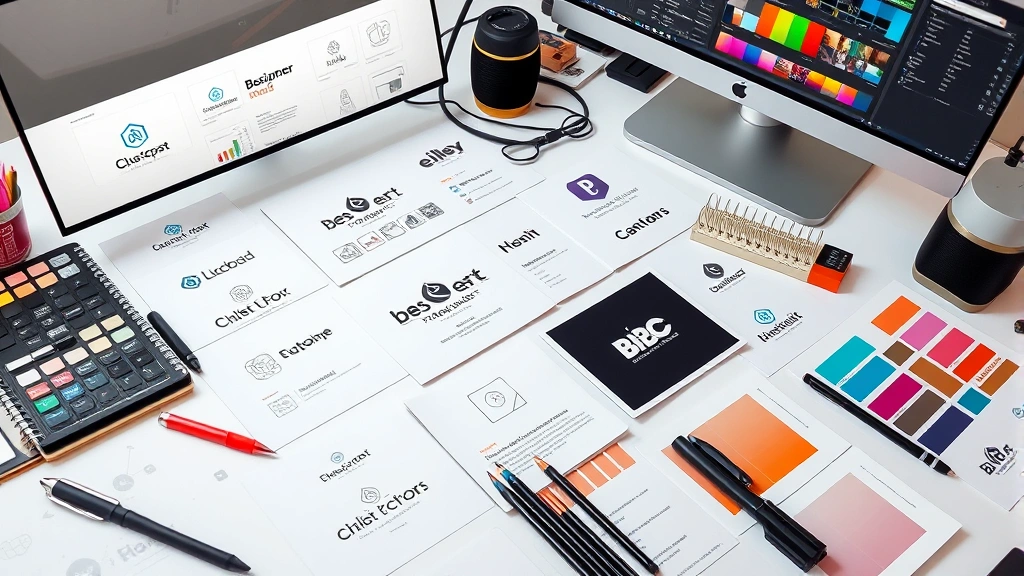 Close-up of a designer's workspace showing multiple logo concept sketches, color palette swatches, typography samples, and design tools arranged professionally on a clean desk with monitor displaying design software