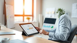 Modern office professional using tablet reviewing digital invoices with financial dashboard, minimalist workspace, natural lighting, contemporary business environment