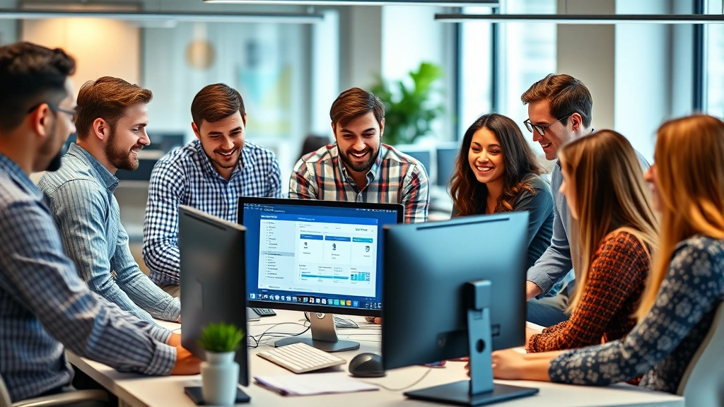 Diverse team collaborating around digital workspace with billing software interface visible on monitors, professional casual attire, collaborative atmosphere, bright office setting