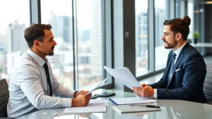 Professional insurance agent having consultation meeting with business owner in modern office, reviewing documents and discussing coverage plans, corporate setting with desk and city view