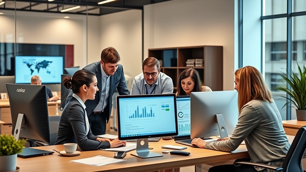 Team of insurance professionals working collaboratively in contemporary agency office, analyzing data on computer screens and discussing client cases, modern workplace environment