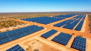Aerial view of large-scale solar panel array installation in Australian outback landscape with clear sky and natural terrain