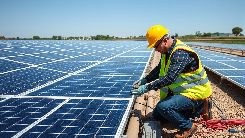 Professional technicians in safety gear installing and maintaining solar panels on modern renewable energy farm with rows of equipment
