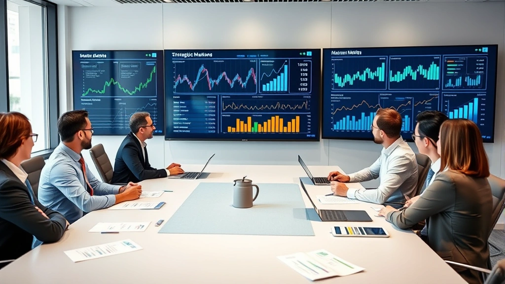 Professional business executives in modern conference room conducting strategic planning meeting, analyzing market data on large display screens, collaborative atmosphere with digital charts and graphs visible