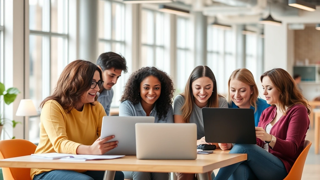 Diverse team of employees working together in contemporary open office space, using laptops and tablets for cross-functional collaboration, bright natural lighting, inclusive workplace environment