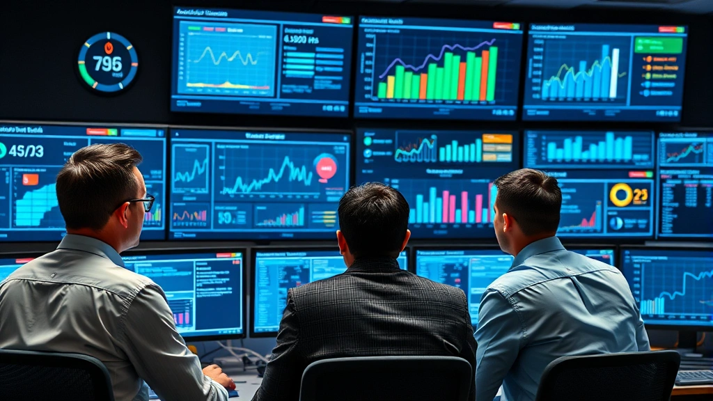 Corporate leaders reviewing operational metrics and performance dashboards on multiple monitors in tech-enabled command center, sophisticated data visualization interfaces, professional business attire