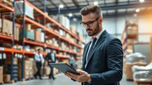 Modern warehouse manager reviewing inventory data on tablet with organized supply shelves and professional staff in background, professional business setting