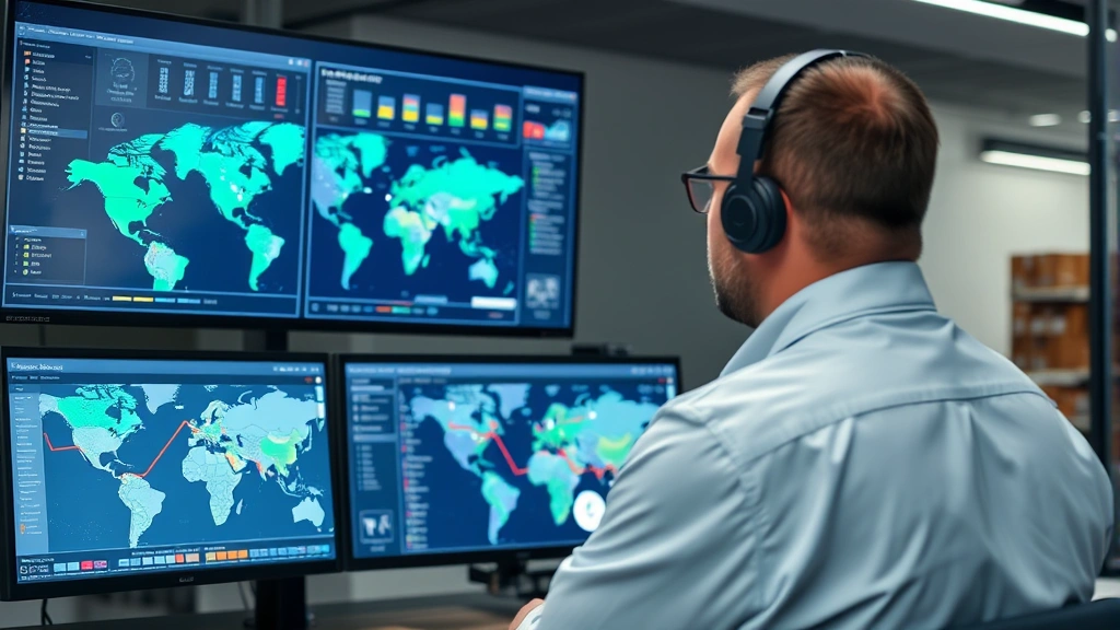 Logistics coordinator monitoring delivery trucks on digital tracking system dashboard with real-time GPS maps and route optimization displays