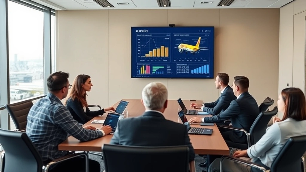 Team meeting in conference room with airport operations professionals discussing supply chain metrics on large screen display, collaborative business environment