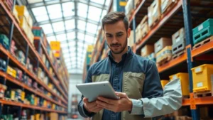 Professional warehouse manager reviewing inventory data on tablet computer, organized shelving with color-coded parts bins in background, modern logistics facility interior, natural lighting from skylights