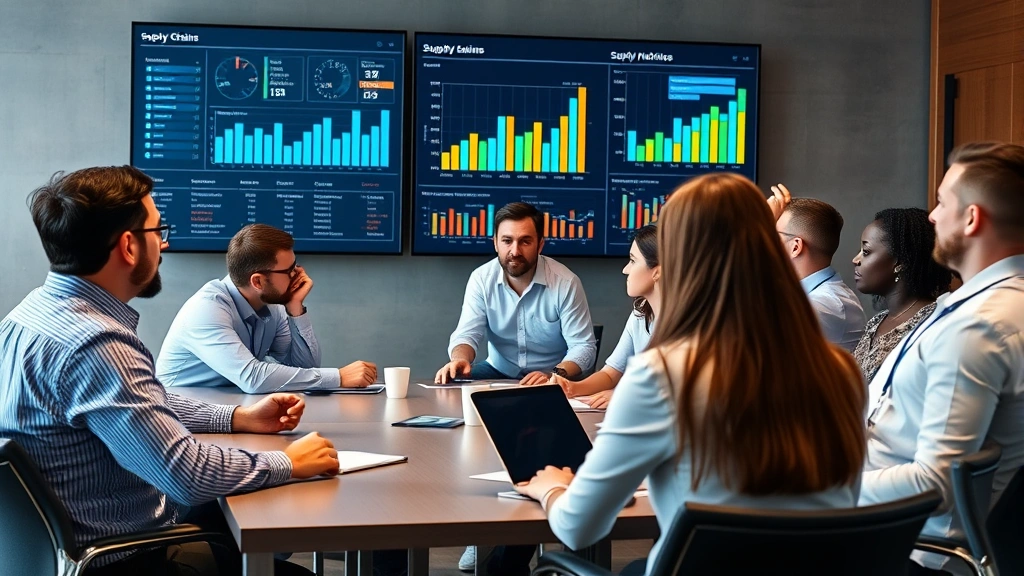 Team of supply chain professionals in conference room analyzing supply chain metrics on large display screen, collaborative business meeting atmosphere, diverse group reviewing performance dashboards