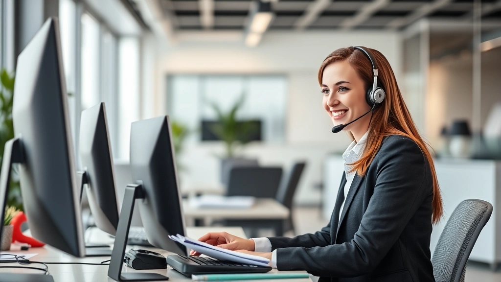 Modern customer service representative in professional setting assisting customer via phone with headset, organized desk with computer and reference materials, friendly professional demeanor, bright office environment