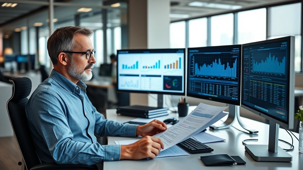 Professional business analyst reviewing documents at modern desk with multiple computer monitors displaying data dashboards and charts, corporate office environment, natural lighting, focused expression